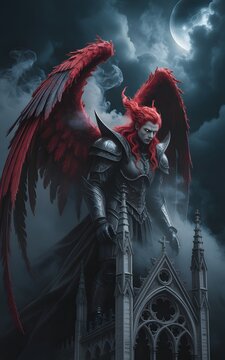 A formidable dark angel with large red wings stands atop a gothic church under a full moon