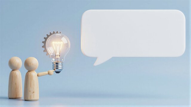 Two wooden figures share an idea, symbolizing collaboration and innovation.