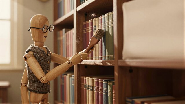 Wooden figure with glasses brushes dust off vintage books in cozy library.