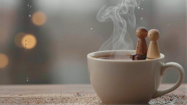 Steamy cup holds tiny figures, cozy scene with soft bokeh lights in background.