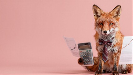 Naklejka premium A fox in a tie holds calculator and charts, symbolizing financial savvy.