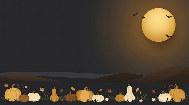 Halloween pumpkin patch background with a full moon and flying bats at night