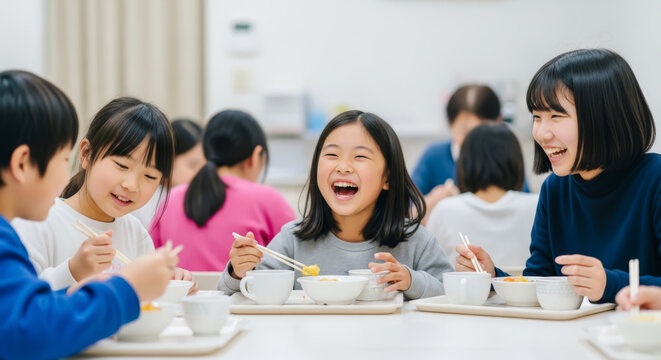 子ども食堂で笑顔で一緒に食事を楽しむ子どもたち