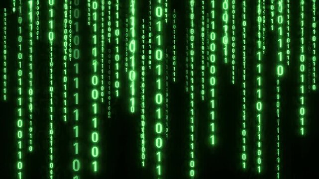 Digital stream of green binary code cascade falling against a dark background representing information technology and programming data flow