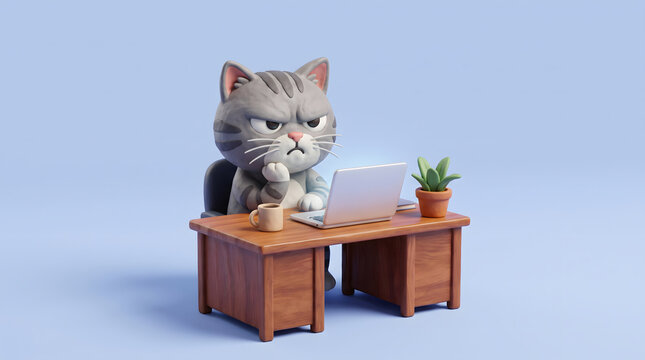 Cute funny angry cat working hard on laptop computer at office desk