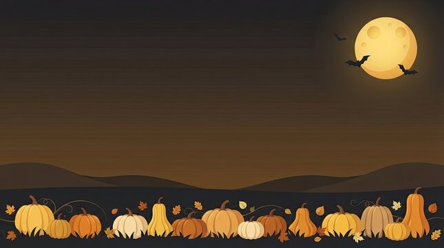 Halloween pumpkin patch background with full moon and flying bats at night