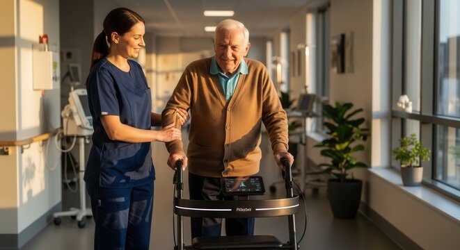 Nurse assisting elderly man with walker in modern hospital corridor, sunlight streaming through windows