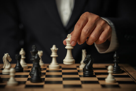 hand placing white chess king on wooden board, business strategy concept