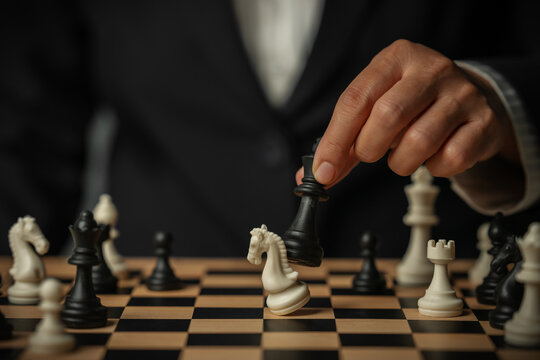 business hand holding black chess king taking white knight, strategy concept