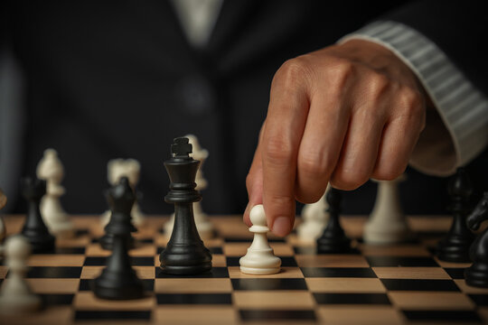 hand placing a white chess pawn on wooden board