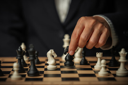 business hand moving a black chess knight and white facing off on board with multiple pieces