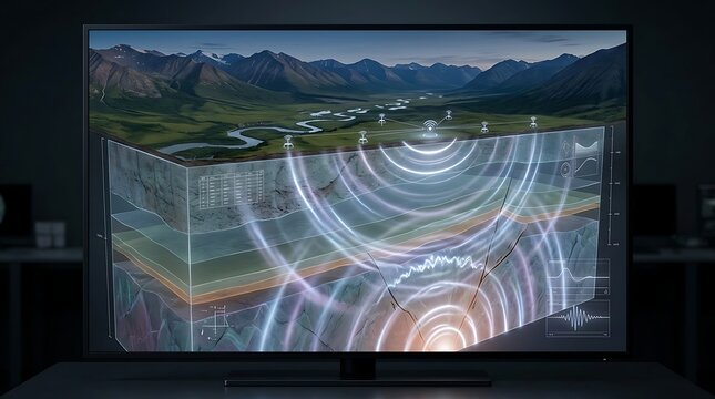 Television display shows a 3D geological diagram of seismic wave propagation beneath a mountain river landscape.