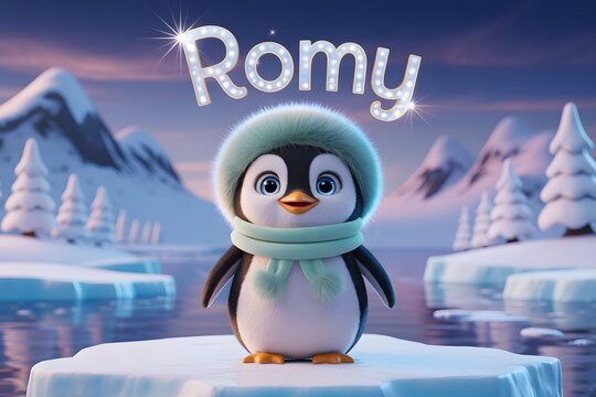 Adorable cartoon penguin wearing a fuzzy blue hat and scarf on an ice floe. Sparkling Romy text above