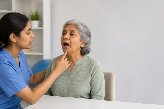 Nurse examining elderly womans mouth