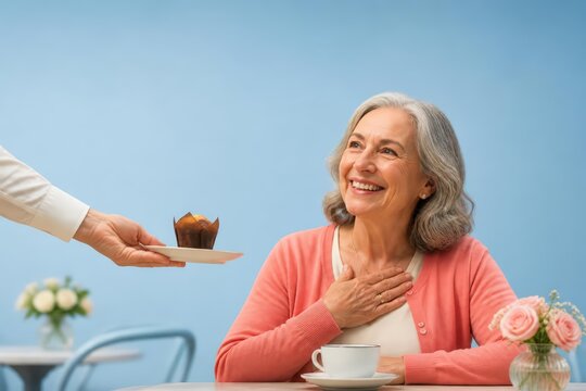 Senior woman receiving pastry with gratitude