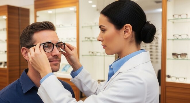 Optometrist fitting glasses onto a man's face during an eye exam in an optical shop with display cases full of spectacles.