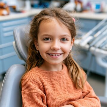 young girl is sitting in a dentist's chair. Children is smiling and enjoying her visit to the dentist
,dentistry, clinic, dental