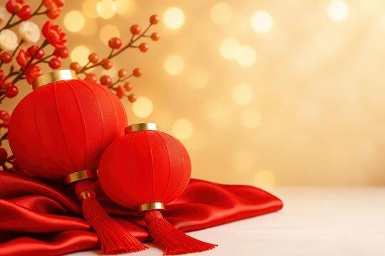 Red Chinese Lanterns with Silk Fabric and Bokeh Lights