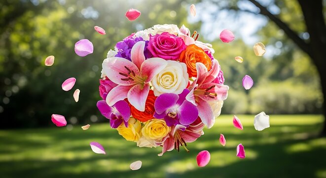 Colorful floral bouquet floating mid air with petals falling blooming colorful