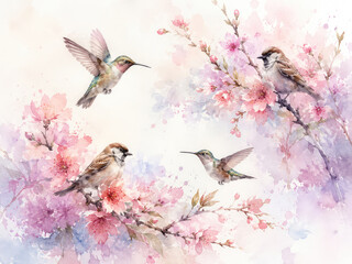 Naklejka premium Watercolor Hummingbirds and Sparrows Among Pink Spring Blossoms