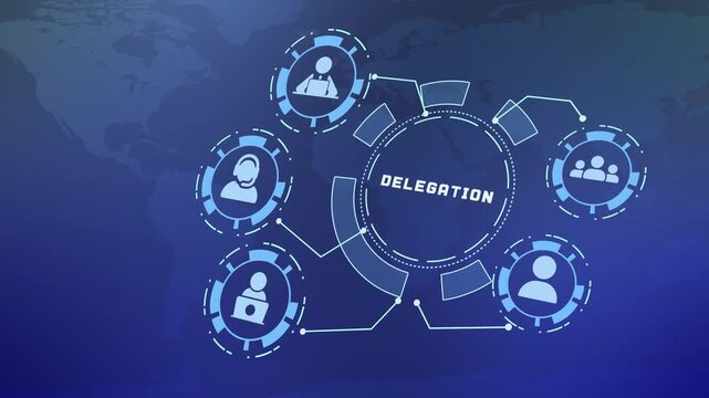 Business delegation concept with connected workforce icons, task distribution workflow and management interface animation.