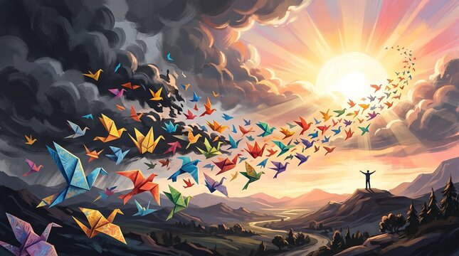 Artistic illustration of colorful origami paper birds flying from dark storm clouds toward bright glowing sun over mountain landscape, mental healing recovery hope and world mental health day concept