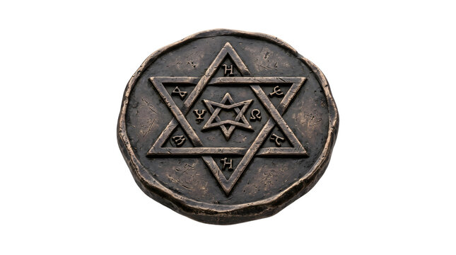 Hexagram metal talisman features etched occult symbols and weathered bronze finish for spiritual protection and mysticism.