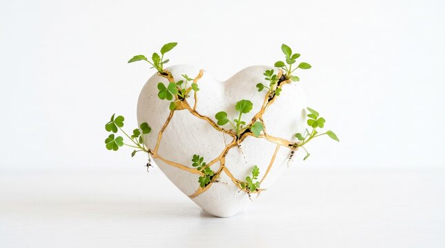 Ceramic broken heart repaired with gold kintsugi with green sprout plants growing on clean white background, emotional healing resilience hope and world mental health day concept