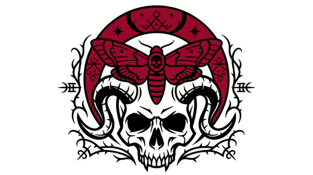 Occult horned skull with deaths head moth and crescent moon vector