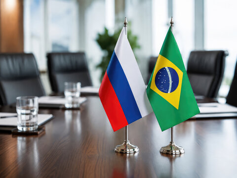 Russia and Brazil Flags on Conference Table for International Business Relations