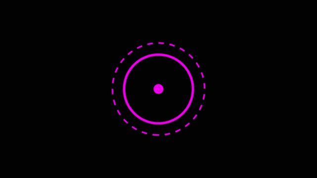 Bright magenta geometric featuring a central dot, solid ring, and dashed outer ring on a black canvas.