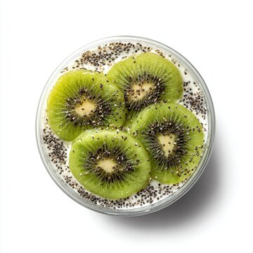 dessert cup with kiwi slices and chia seeds isolated on a white background