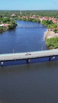 Paulino Neves Skyline In Paulino Neves Maranhao Brazil. Birds Eye View Of Stunning Dark River And Forest Trees. Cities Of The World. Landmark Cityscape. Paulino Neves Maranhao.