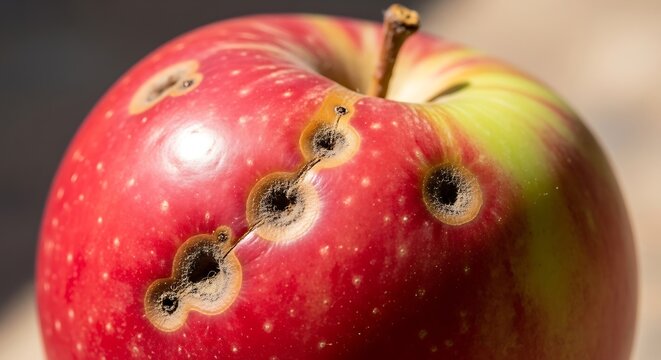Red apple with visible dark decay spots and surface damage unhealthy nutrition
