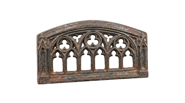 ornate gothic cast iron window grille antique metal design with intricate tracery for architectural restoration or decorative element.