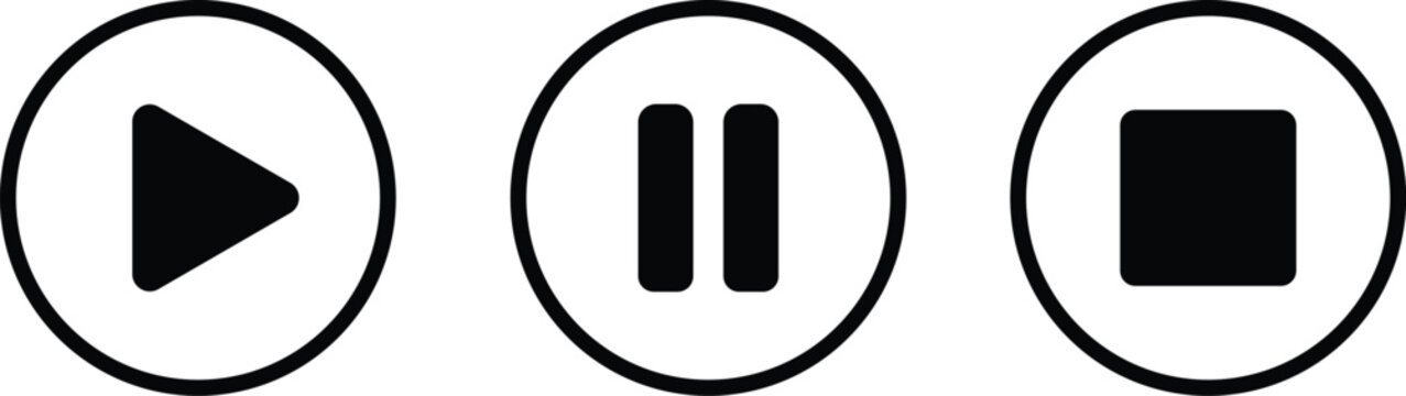 Black media player icons set with play pause and stop symbols in circles