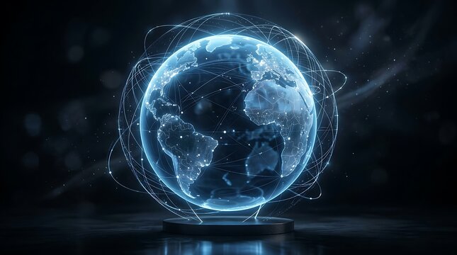 Digital hologram globe displays interconnected global communication networks on a dark background.