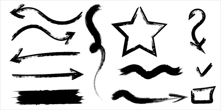 Collection of hand drawn black ink brush strokes arrows and shapes on a white background