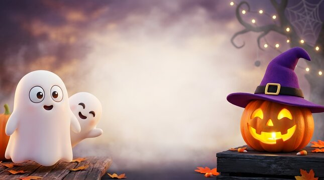 Halloween panoramic banner with two cute friendly ghosts, a carved jack-o-lantern wearing a purple witch hat, and foggy glowing center copy space.