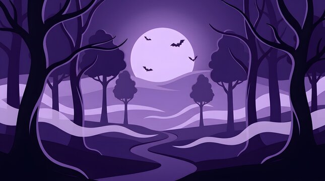 Spooky Halloween Forest Background Vector Illustration With Full Moon And Bats