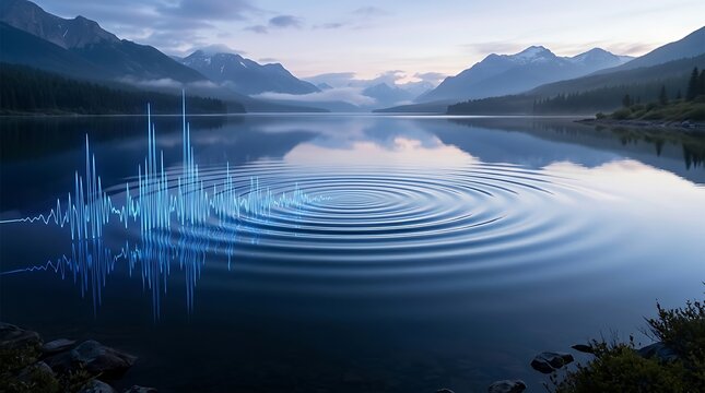 Sound waves overlay a calm mountain lake with concentric water ripples at dusk.