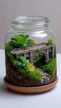 Miniature landscape terrarium with stone bridge and succulents