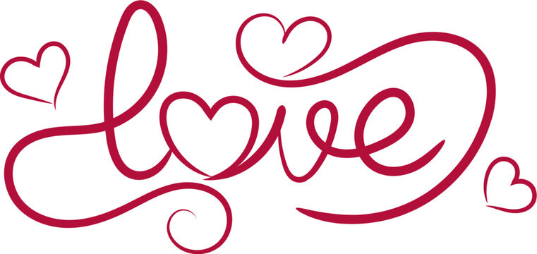 Love Hand Lettering with Heart Flourishes, Romantic Calligraphy Vector Illustration