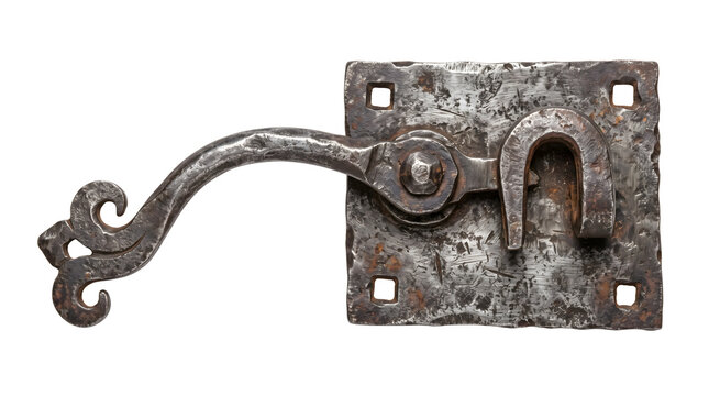 Rough textured antique metal latch and handle with square backplate, ideal for rustic doors and chests.