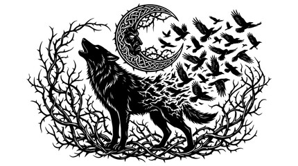 Naklejka premium Wolf howling at crescent moon with flying ravens and thorns