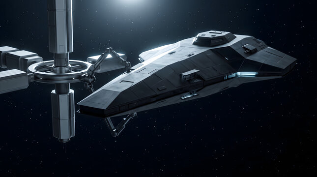 Futuristic Spacecraft Docked at Orbital Space Station in Deep Space