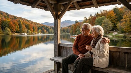 Fototapeta premium Senior Couple Sitting in a Gazebo Overlooking a Scenic Autumn Lake