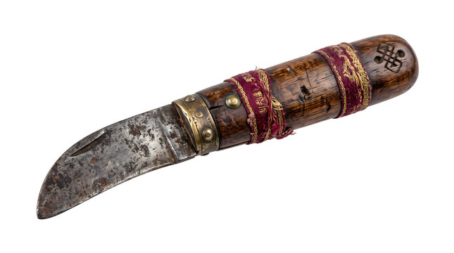Rustic primitive wood handled hunting knife with weathered carbon steel blade and red fabric wrap for survival equipment.