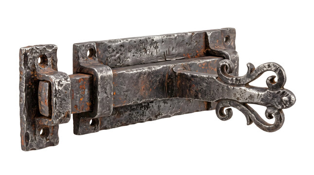 Rustic iron bolt lock featuring hammered metal textures with ornate floral handle for secure antique gate door hardware.