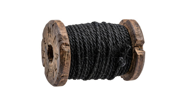Rustic wooden spool wrapped with thick black twine rope featuring carved runic inscriptions for traditional craftwork.